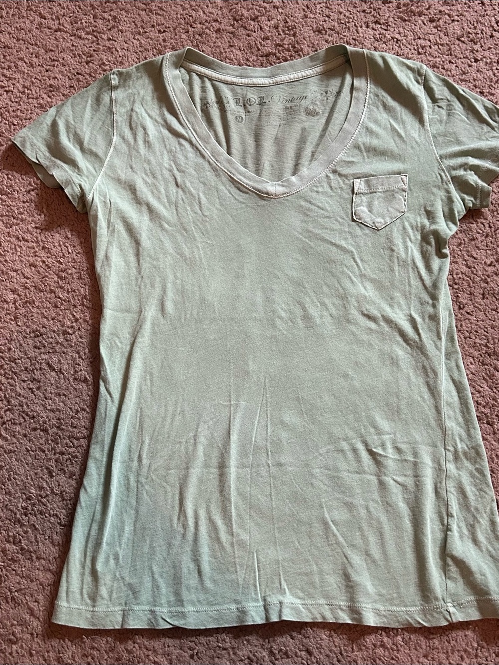 L.O.L. Vintage Light Sage Green V-Neck Pocket Tee Shirt - Women Medium